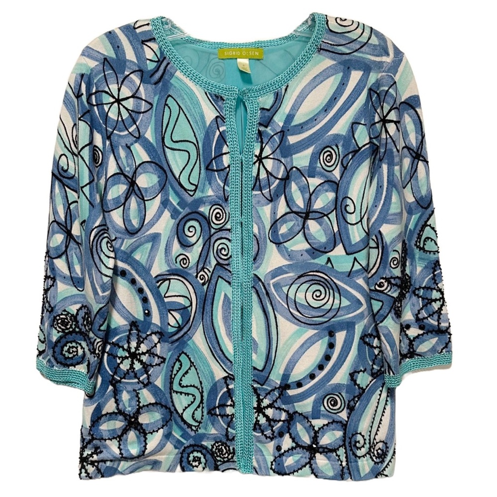 Sigrid Olsen Geometric Floral Turquoise Cardigan Sweater